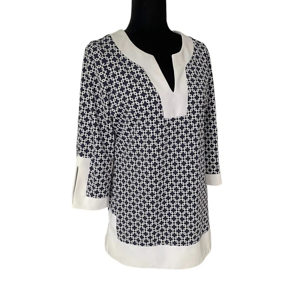 Jude Connally Geometric Print Navy V-neck Long Sleeve Tunic Top M